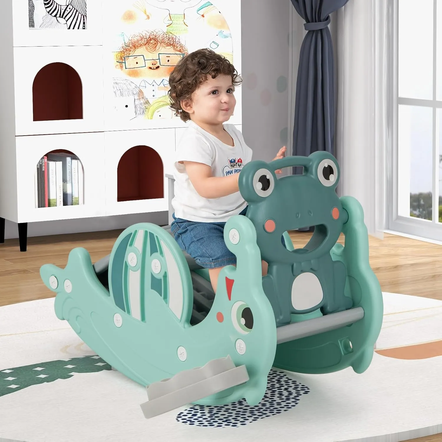 HONEY JOY Toddler Slide Rocking Toy, 4 in 1 Convertible Freestanding Slide for Kids w/Basketball Hoop, Rocking Horse, Foldable Baby Climber Playground Slide for Indoors Outdoors Boys Girls, Green