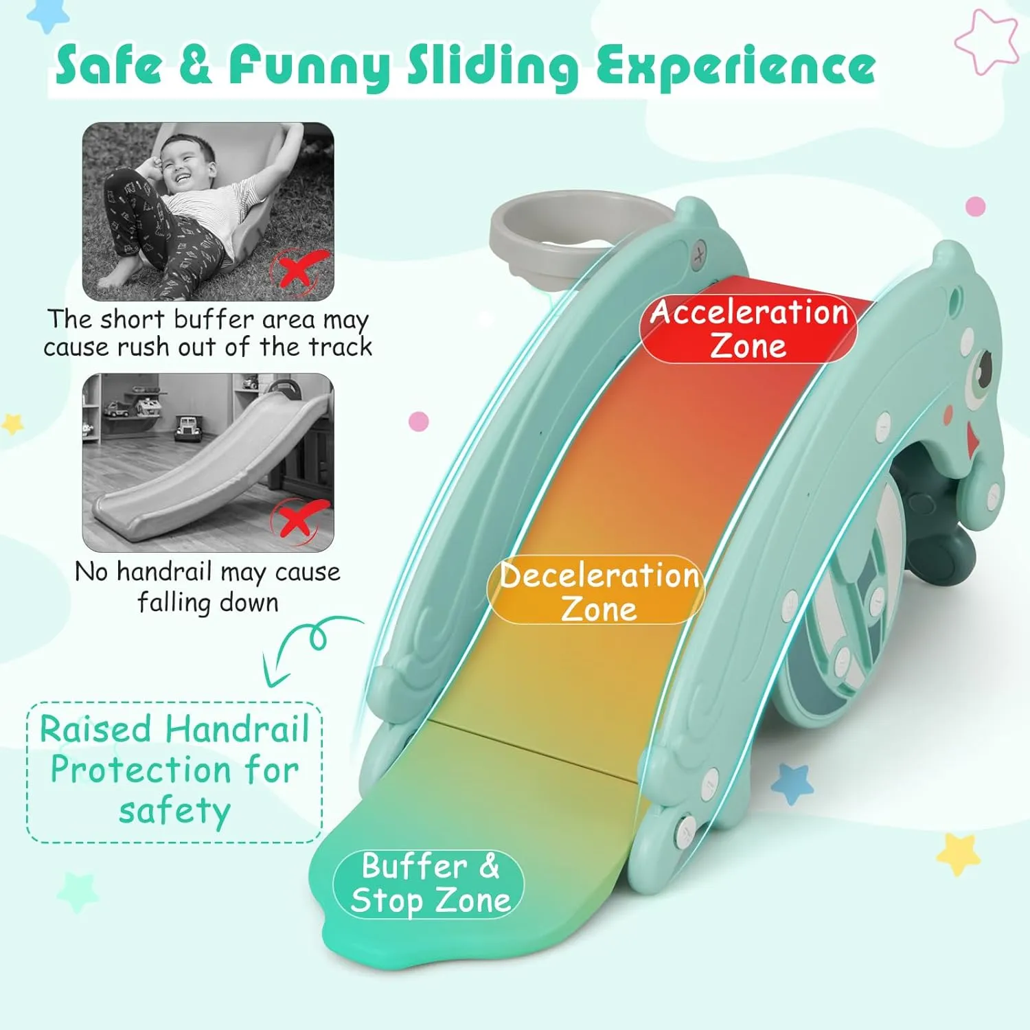 HONEY JOY Toddler Slide Rocking Toy, 4 in 1 Convertible Freestanding Slide for Kids w/Basketball Hoop, Rocking Horse, Foldable Baby Climber Playground Slide for Indoors Outdoors Boys Girls, Green