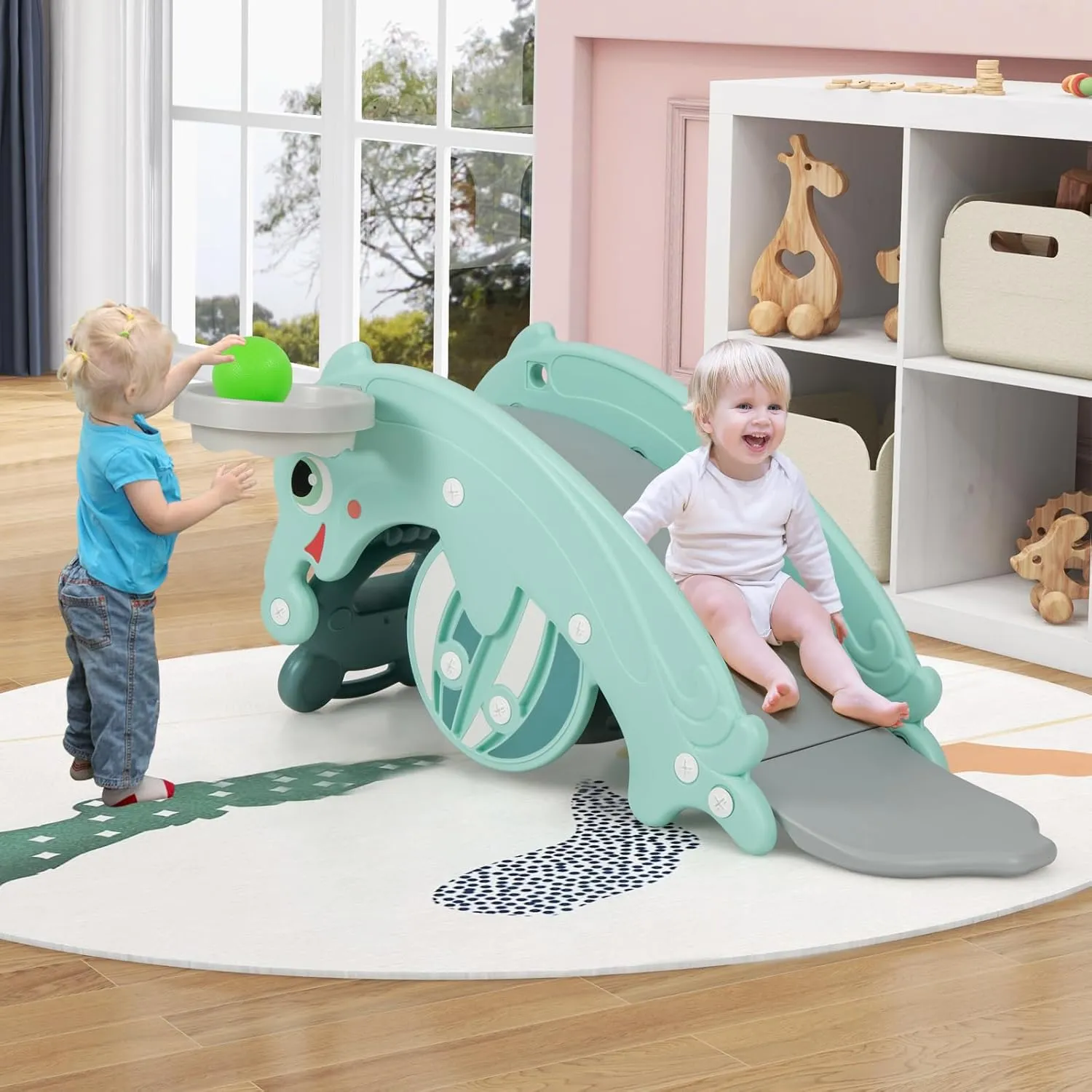 HONEY JOY Toddler Slide Rocking Toy, 4 in 1 Convertible Freestanding Slide for Kids w/Basketball Hoop, Rocking Horse, Foldable Baby Climber Playground Slide for Indoors Outdoors Boys Girls, Green