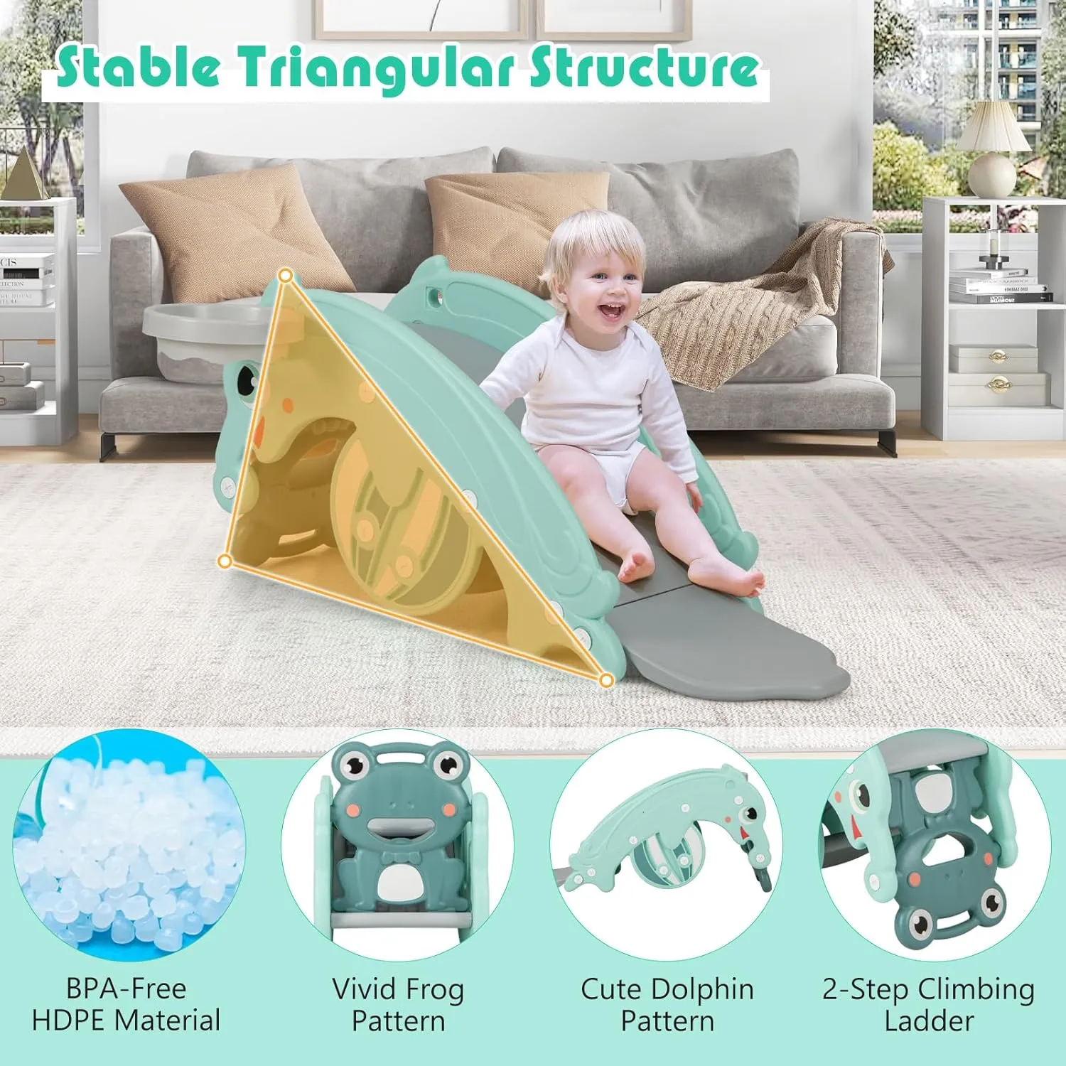 HONEY JOY Toddler Slide Rocking Toy, 4 in 1 Convertible Freestanding Slide for Kids w/Basketball Hoop, Rocking Horse, Foldable Baby Climber Playground Slide for Indoors Outdoors Boys Girls, Green