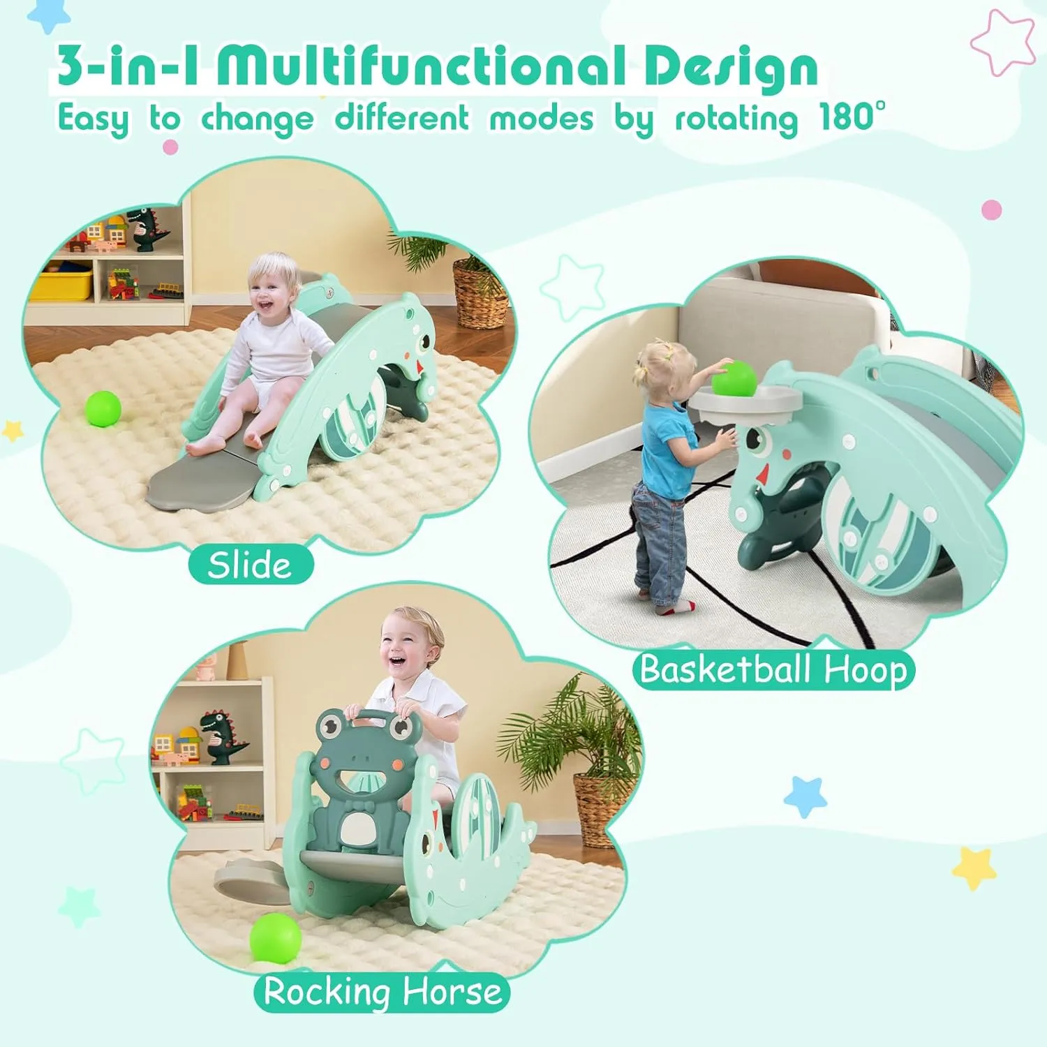 HONEY JOY Toddler Slide Rocking Toy, 4 in 1 Convertible Freestanding Slide for Kids w/Basketball Hoop, Rocking Horse, Foldable Baby Climber Playground Slide for Indoors Outdoors Boys Girls, Green