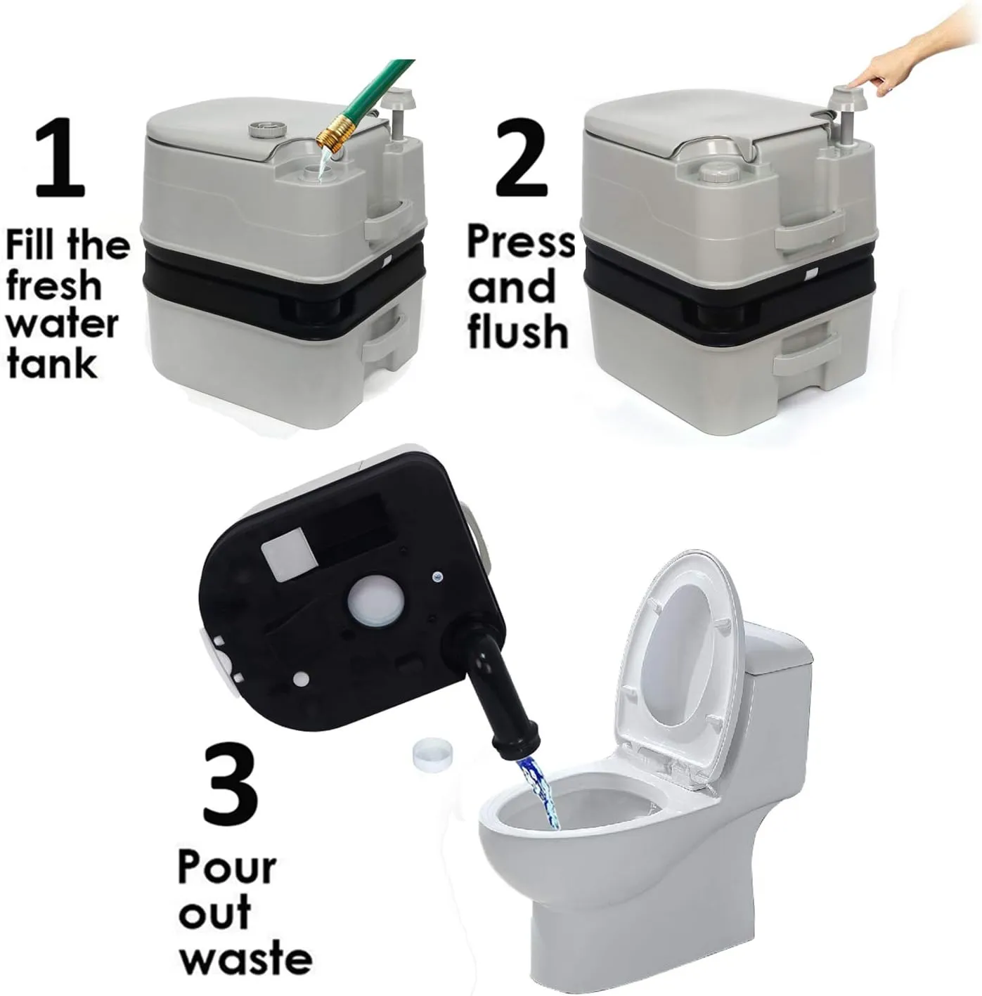 HTTMT- Gray 24L Advanced Portable Toilet Flush Camping Travel Outdoor Picnic Piston Pump Commode [P/N: ET-TOILET002-24L]