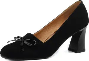 iadore Women Fashion High Chunky Heel Shoes Retro Suede Bowknot Slip on Round Toe Comfortable Dress Pumps Size 5-12 US