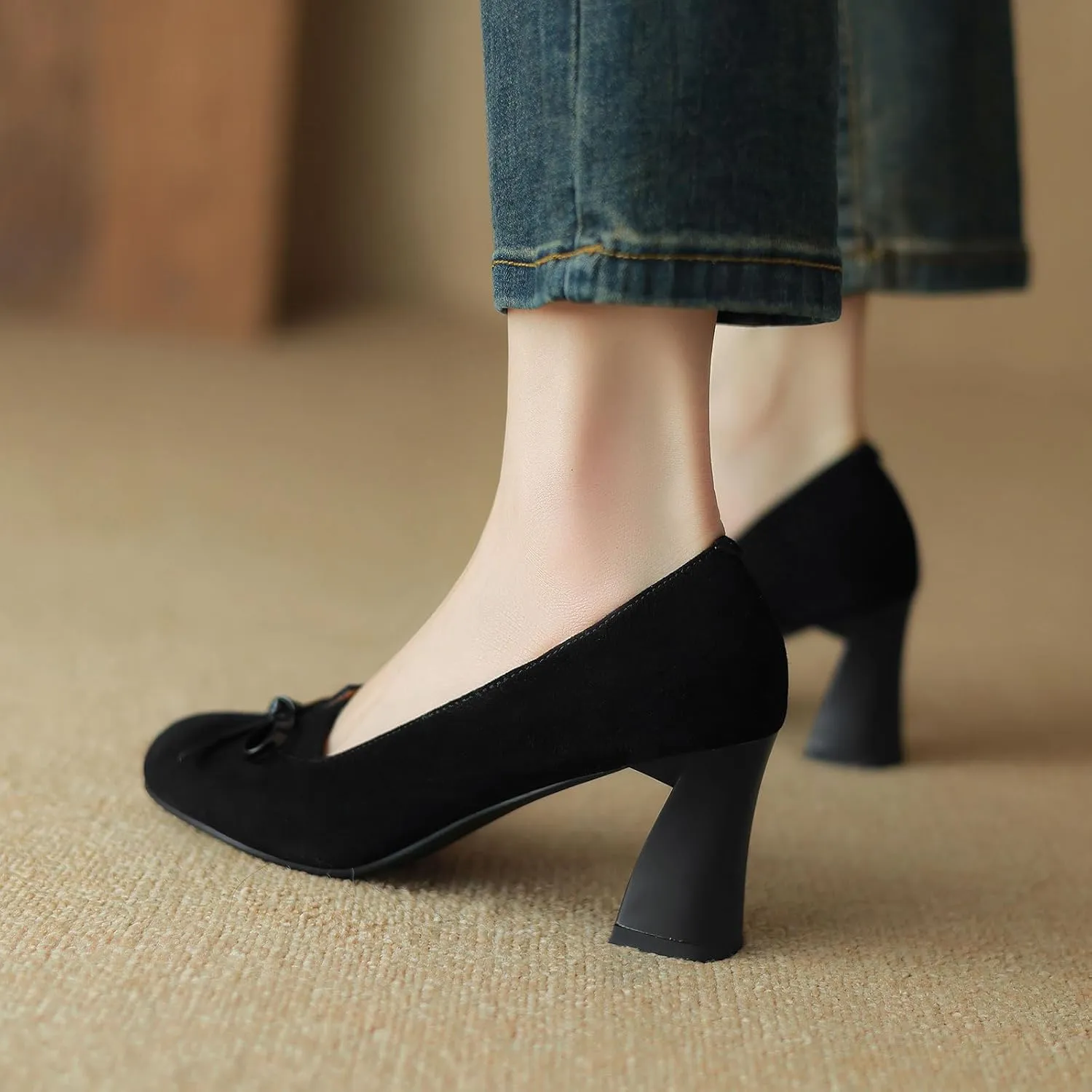 iadore Women Fashion High Chunky Heel Shoes Retro Suede Bowknot Slip on Round Toe Comfortable Dress Pumps Size 5-12 US