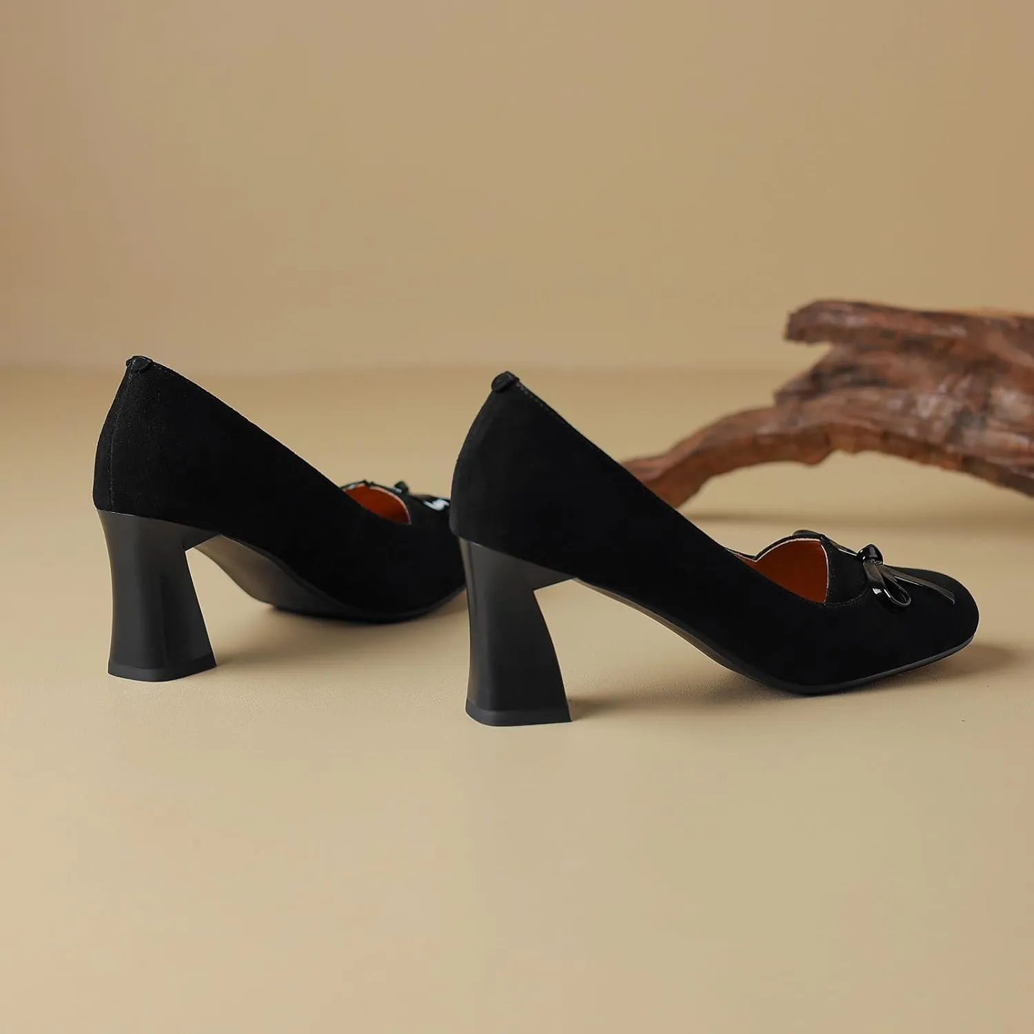 iadore Women Fashion High Chunky Heel Shoes Retro Suede Bowknot Slip on Round Toe Comfortable Dress Pumps Size 5-12 US