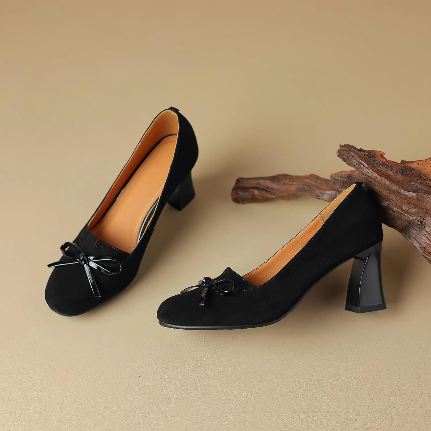 iadore Women Fashion High Chunky Heel Shoes Retro Suede Bowknot Slip on Round Toe Comfortable Dress Pumps Size 5-12 US