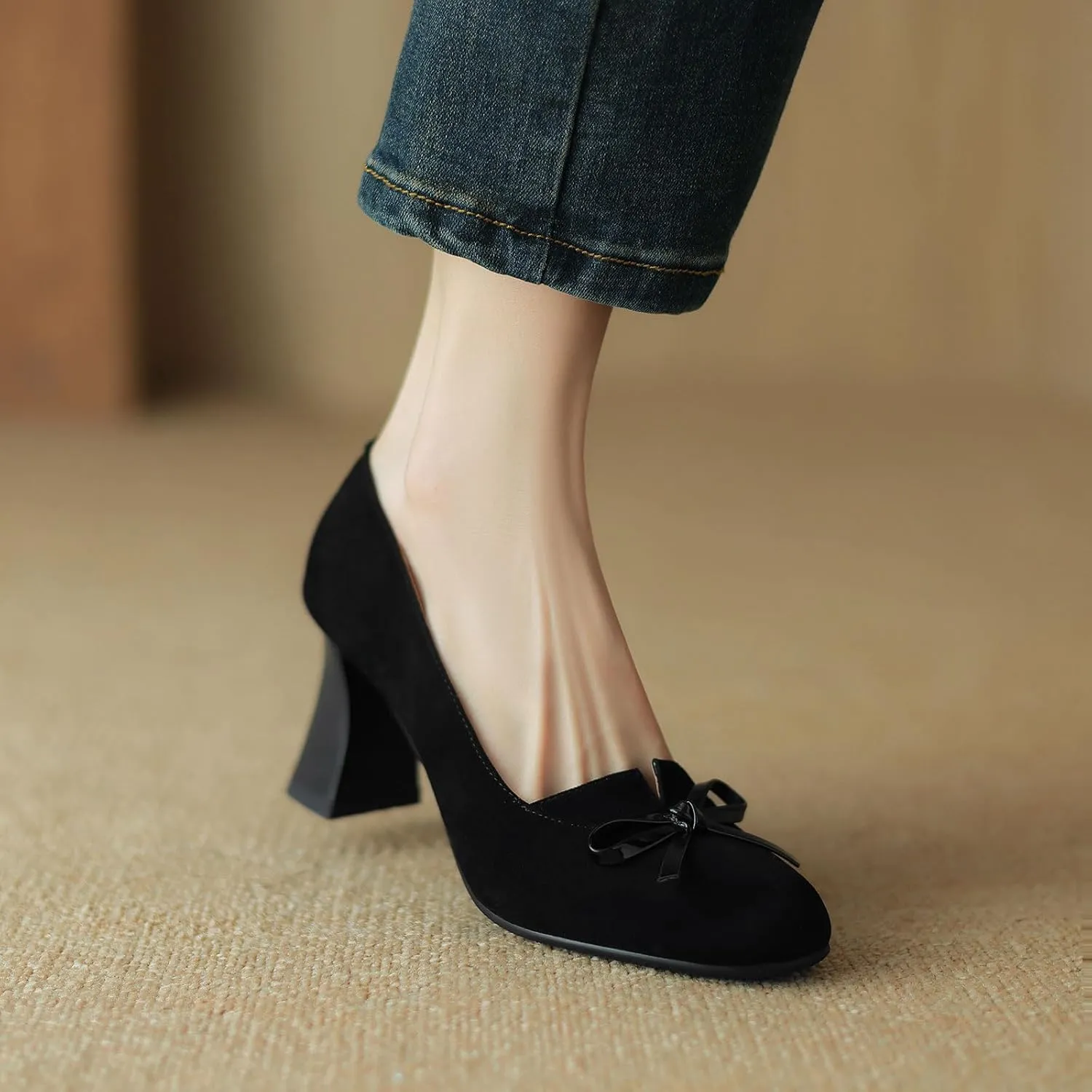 iadore Women Fashion High Chunky Heel Shoes Retro Suede Bowknot Slip on Round Toe Comfortable Dress Pumps Size 5-12 US