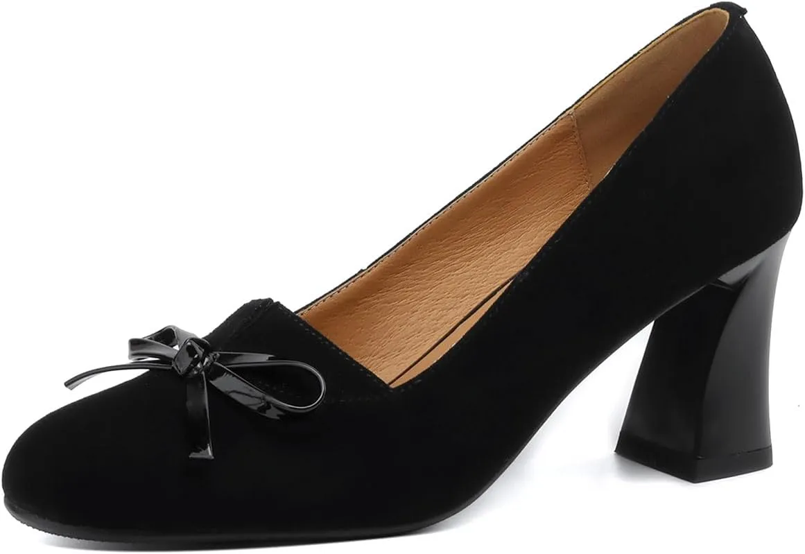 iadore Women Fashion High Chunky Heel Shoes Retro Suede Bowknot Slip on Round Toe Comfortable Dress Pumps Size 5-12 US