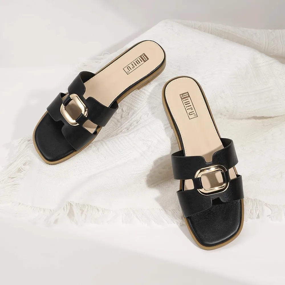 IDIFU Women's Flat Sandals Square Open Toe Slip On Comfortable Dressy Cute Trendy Casual Fancy Slide Sandals for Women Ladies Bridal Summer Beach Work Office Wedding Flat Sandals