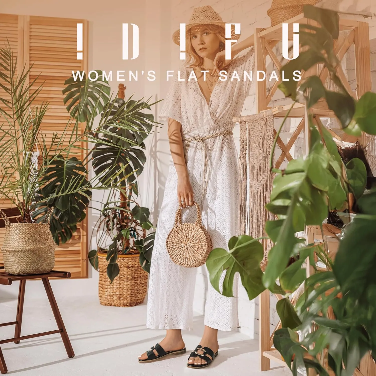 IDIFU Women's Flat Sandals Square Open Toe Slip On Comfortable Dressy Cute Trendy Casual Fancy Slide Sandals for Women Ladies Bridal Summer Beach Work Office Wedding Flat Sandals