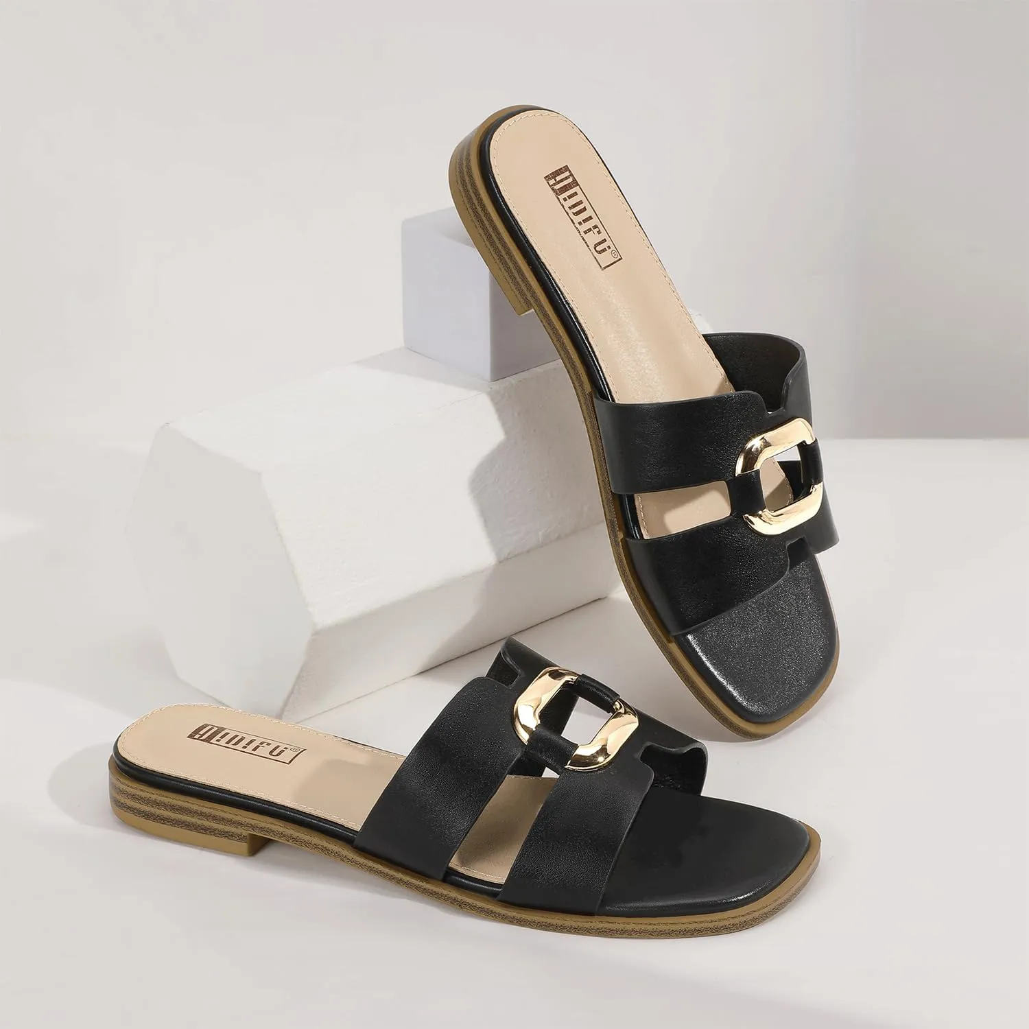 IDIFU Women's Flat Sandals Square Open Toe Slip On Comfortable Dressy Cute Trendy Casual Fancy Slide Sandals for Women Ladies Bridal Summer Beach Work Office Wedding Flat Sandals