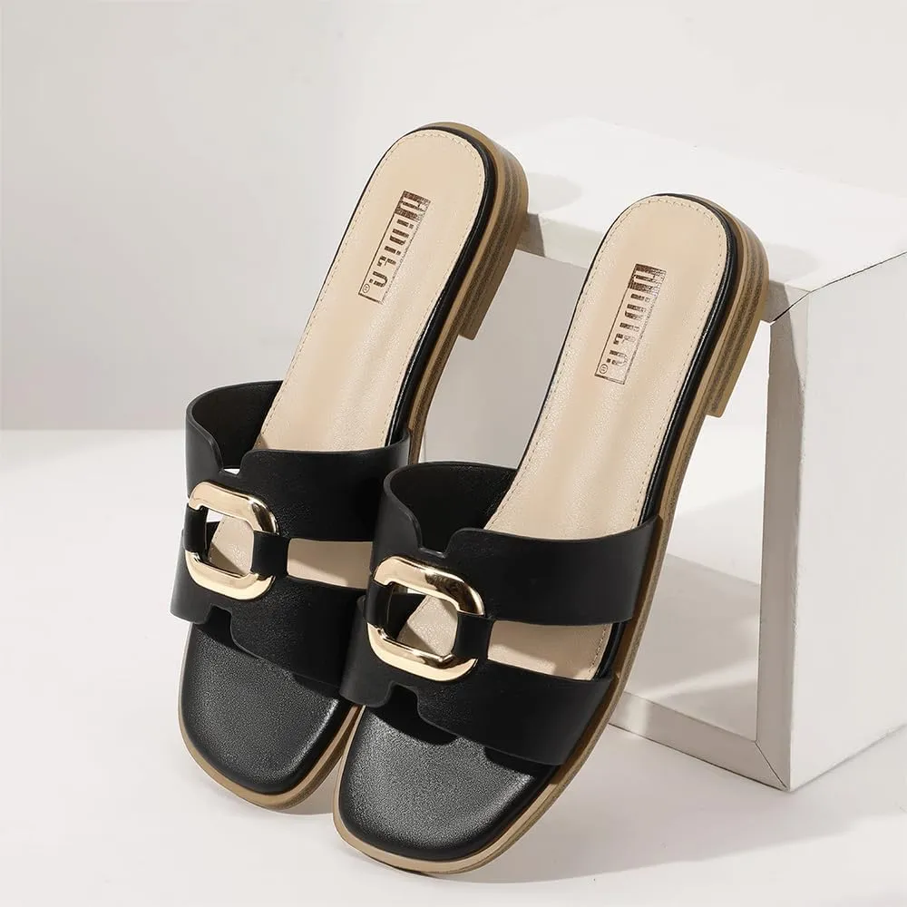 IDIFU Women's Flat Sandals Square Open Toe Slip On Comfortable Dressy Cute Trendy Casual Fancy Slide Sandals for Women Ladies Bridal Summer Beach Work Office Wedding Flat Sandals