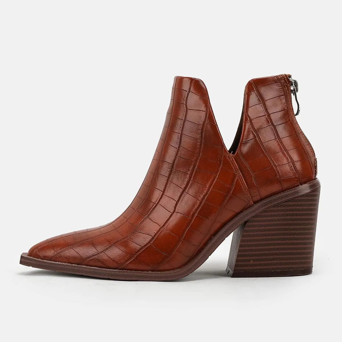 JOEupin Womens Ankle Boots Slip on Cutout Pointed Toe Crocodile Pattern Chunky Stacked Mid Heel Bootie
