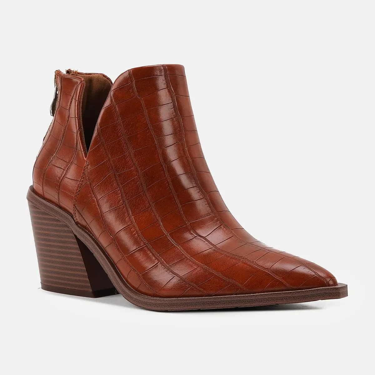JOEupin Womens Ankle Boots Slip on Cutout Pointed Toe Crocodile Pattern Chunky Stacked Mid Heel Bootie