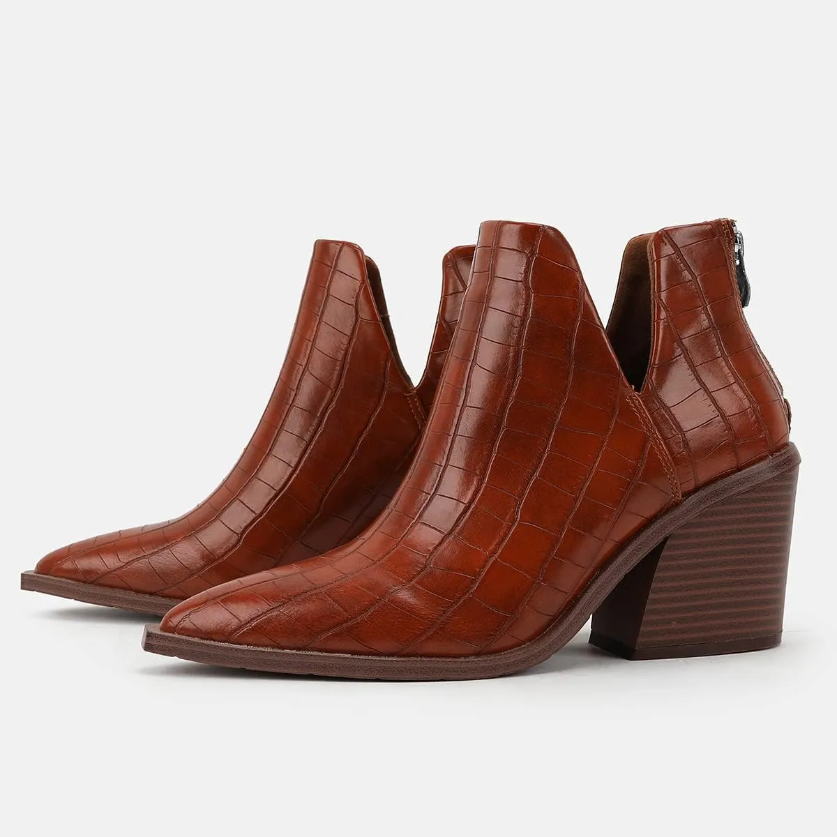JOEupin Womens Ankle Boots Slip on Cutout Pointed Toe Crocodile Pattern Chunky Stacked Mid Heel Bootie