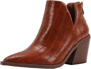 JOEupin Womens Ankle Boots Slip on Cutout Pointed Toe Crocodile Pattern Chunky Stacked Mid Heel Bootie