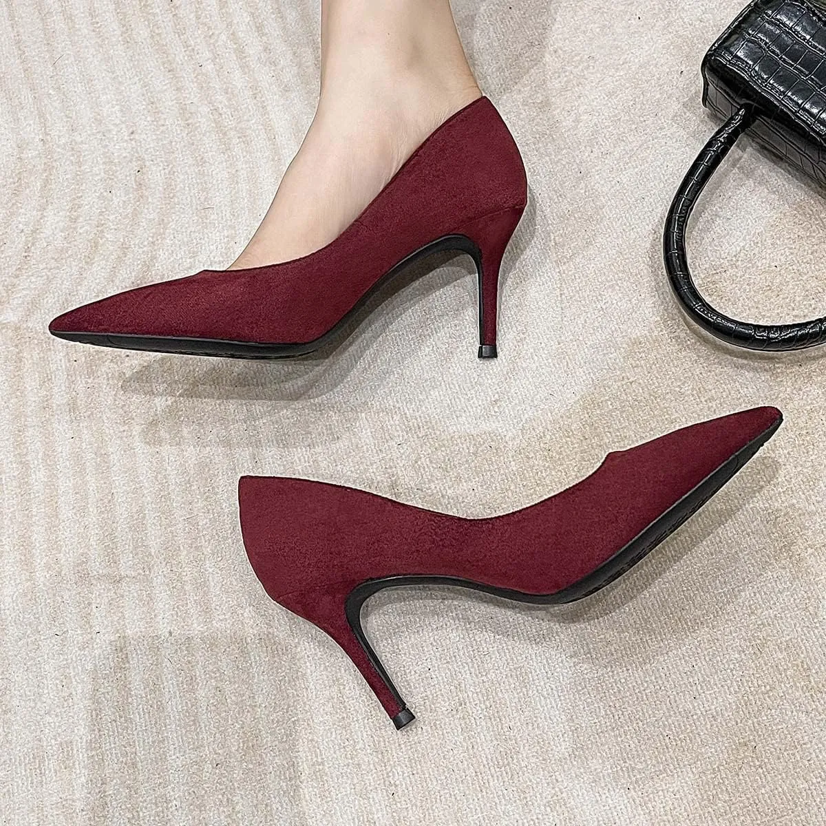 JOEupin Women's Pointed Toe Pumps Classic Suede Shoes Mid Heel Slip On Dress Pumps 3.15 Inch