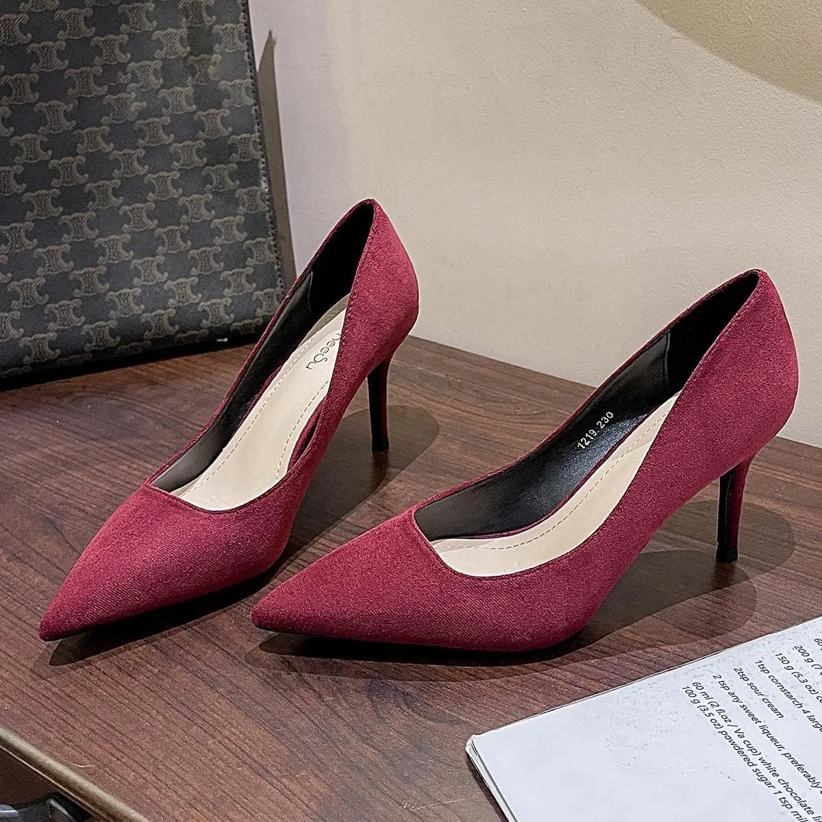 JOEupin Women's Pointed Toe Pumps Classic Suede Shoes Mid Heel Slip On Dress Pumps 3.15 Inch