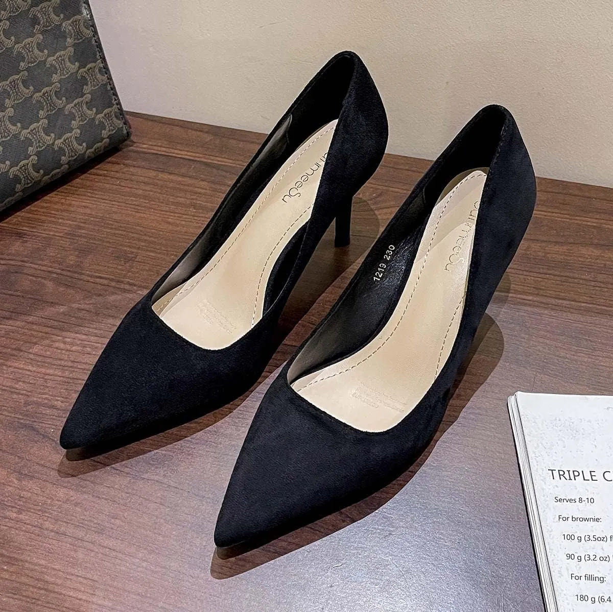 JOEupin Women's Pointed Toe Pumps Classic Suede Shoes Mid Heel Slip On Dress Pumps 3.15 Inch