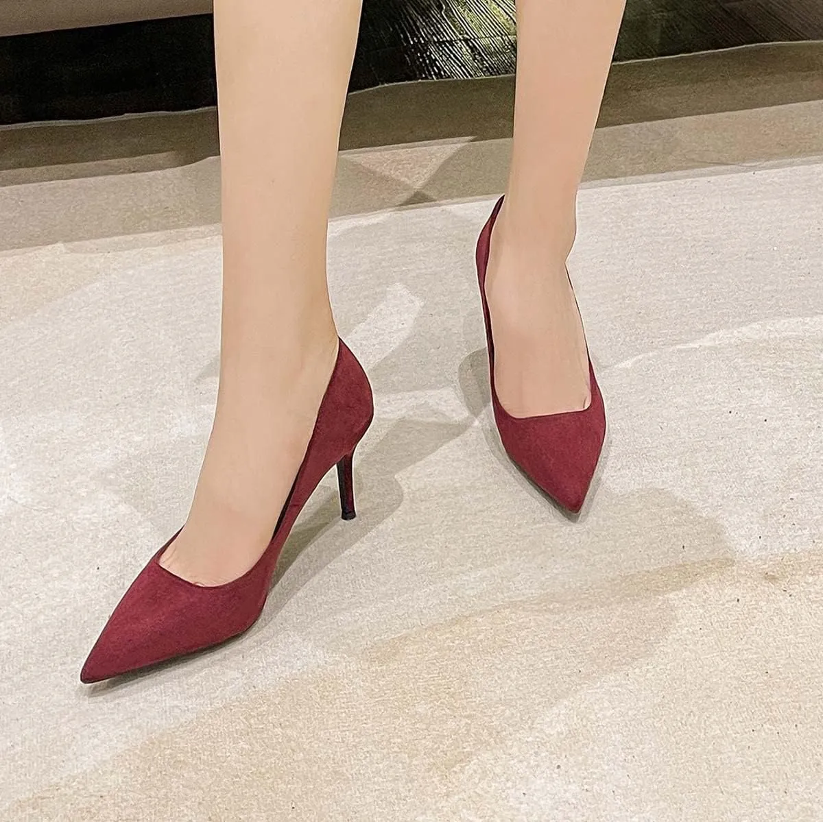 JOEupin Women's Pointed Toe Pumps Classic Suede Shoes Mid Heel Slip On Dress Pumps 3.15 Inch