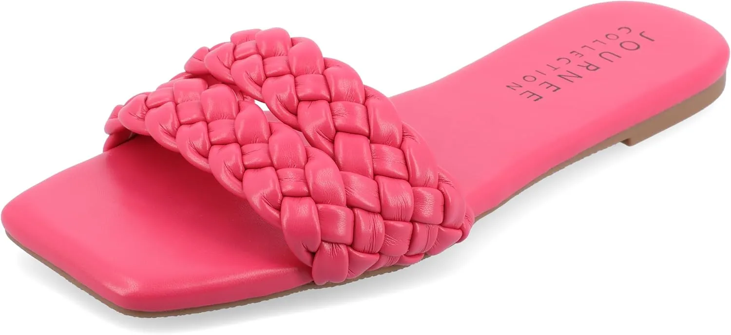 Journee Braided Open Square Toe Banded Flat Slip On Padded Sawyerr Casual Fashion Woven Slide Sandals