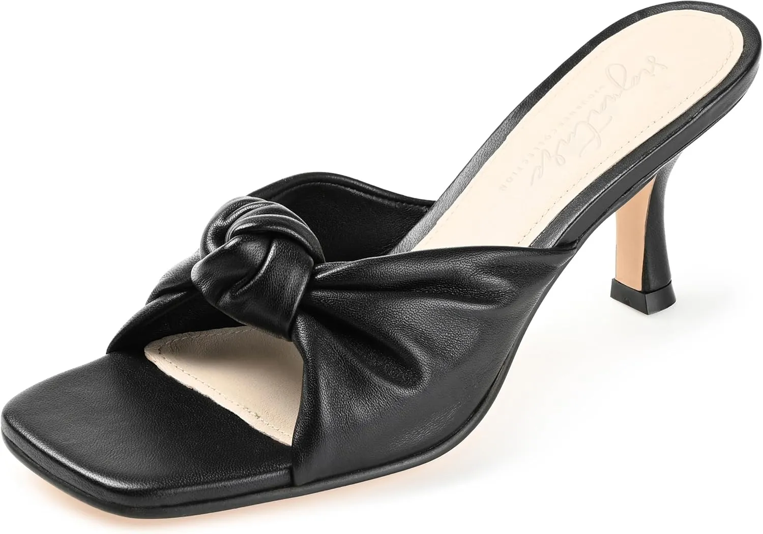 Journee Collection Signature Womens Genuine Leather Finlee Knotted Slip On Mid Heel Padded Open Sqaure Toe Stiletto Sandals