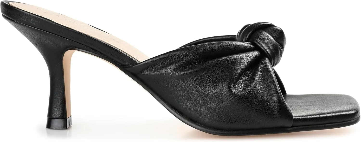 Journee Collection Signature Womens Genuine Leather Finlee Knotted Slip On Mid Heel Padded Open Sqaure Toe Stiletto Sandals
