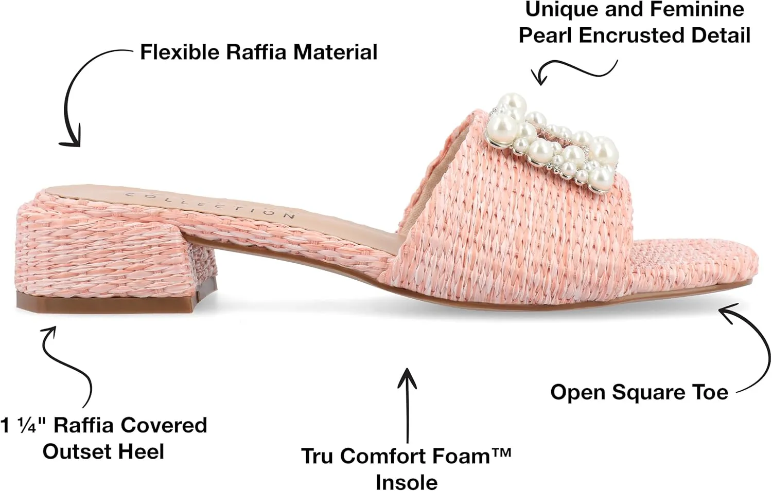 Journee Womens Pearl Raffia Slip On Open Square Toe Outset Block Heel Justina Comfort Foam Flat Sandals
