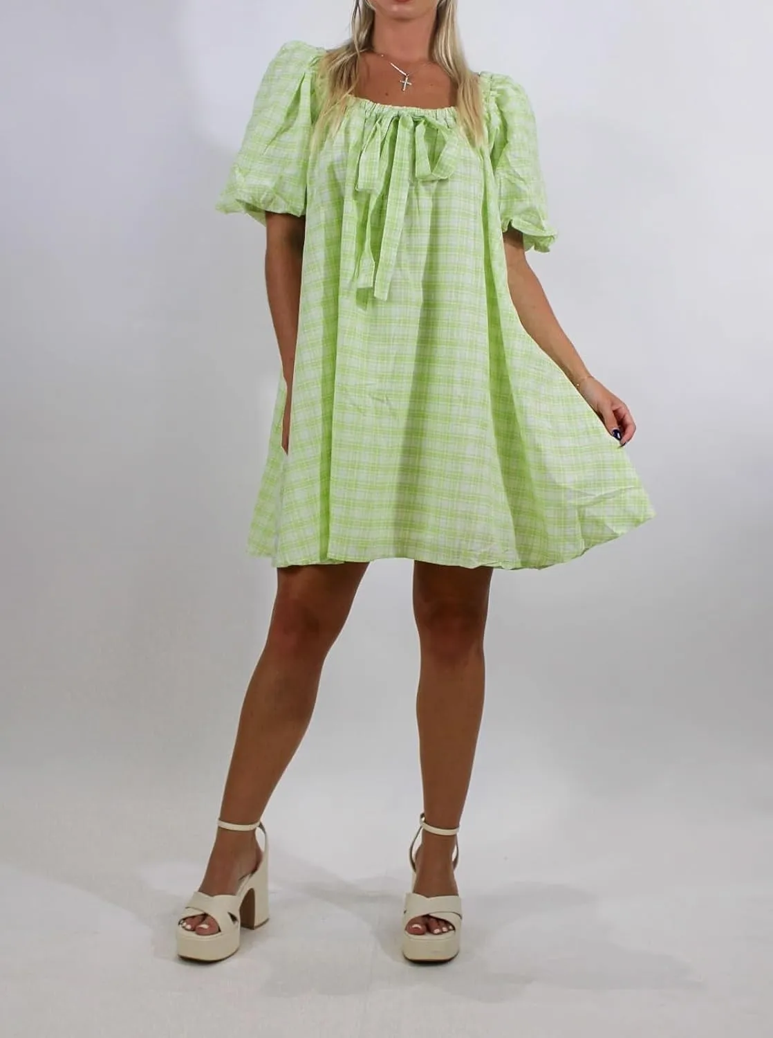 Juakoso Women Short Puff Sleeve Babydoll Dress Cute Print Bow Tie A-line Ruffle Mini Dress Casual Pleated Going Out Dress