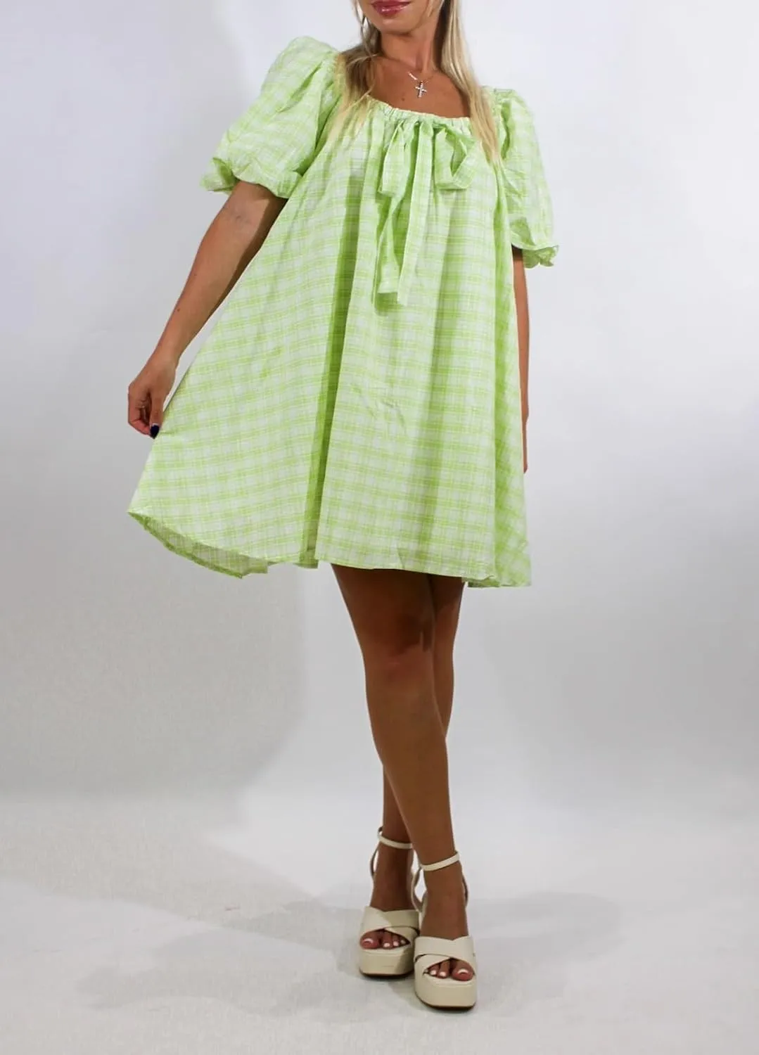 Juakoso Women Short Puff Sleeve Babydoll Dress Cute Print Bow Tie A-line Ruffle Mini Dress Casual Pleated Going Out Dress