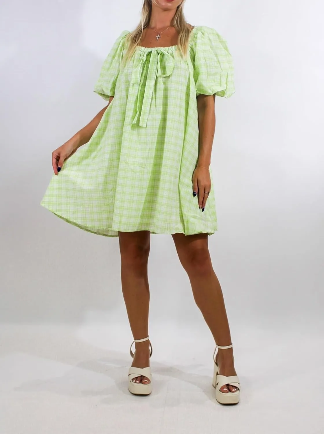 Juakoso Women Short Puff Sleeve Babydoll Dress Cute Print Bow Tie A-line Ruffle Mini Dress Casual Pleated Going Out Dress