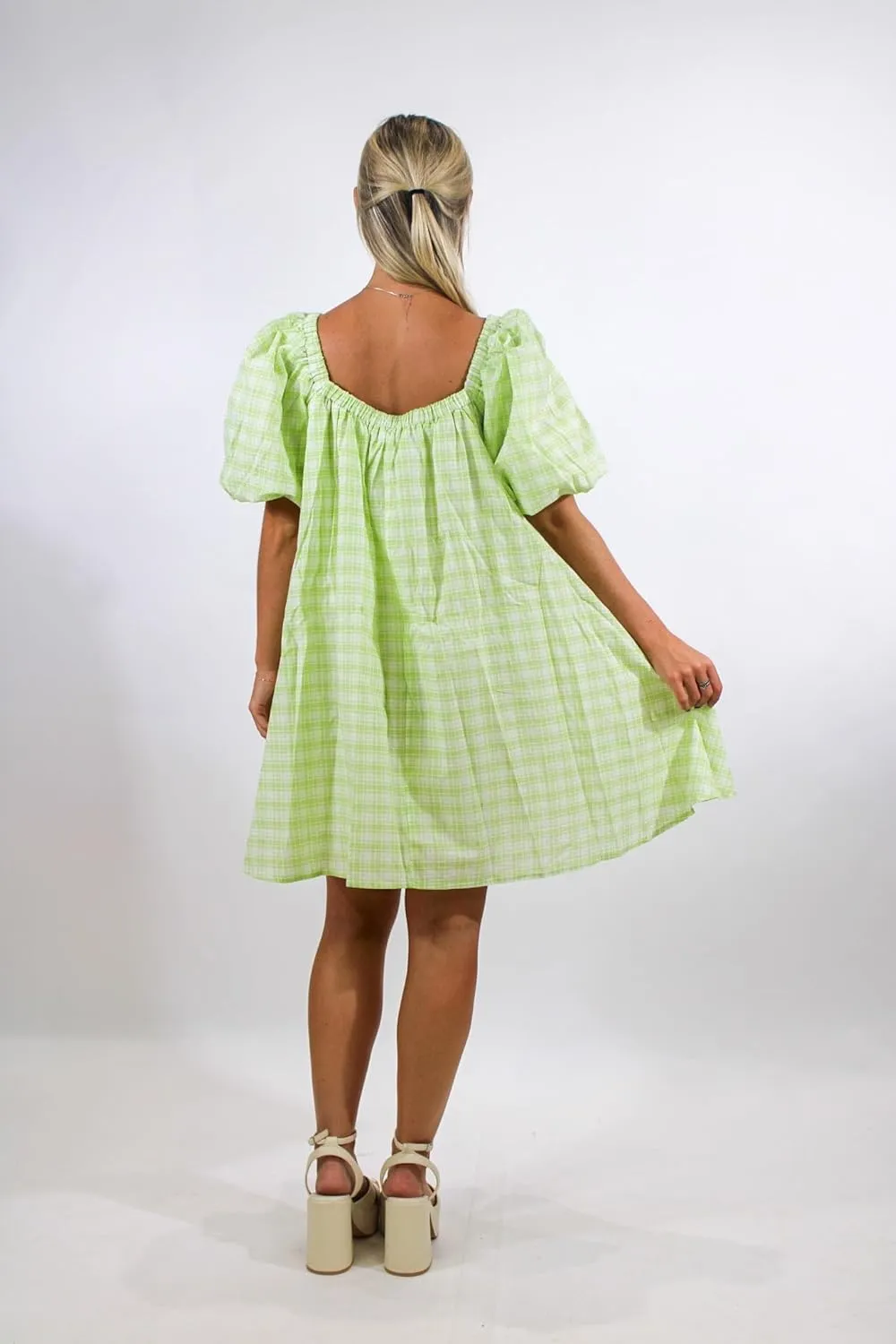 Juakoso Women Short Puff Sleeve Babydoll Dress Cute Print Bow Tie A-line Ruffle Mini Dress Casual Pleated Going Out Dress