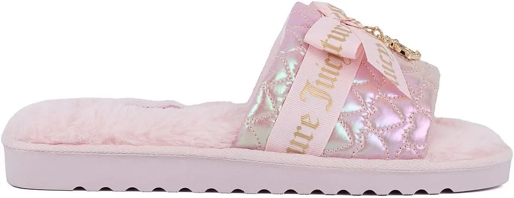 Juicy Couture Women's Faux Fur Slide Sandal Slippers, Open Toe, Comfortable Indoor Outdoor House Shoes