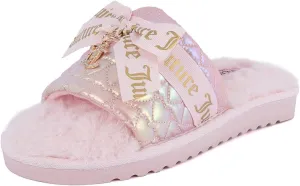 Juicy Couture Women's Faux Fur Slide Sandal Slippers, Open Toe, Comfortable Indoor Outdoor House Shoes