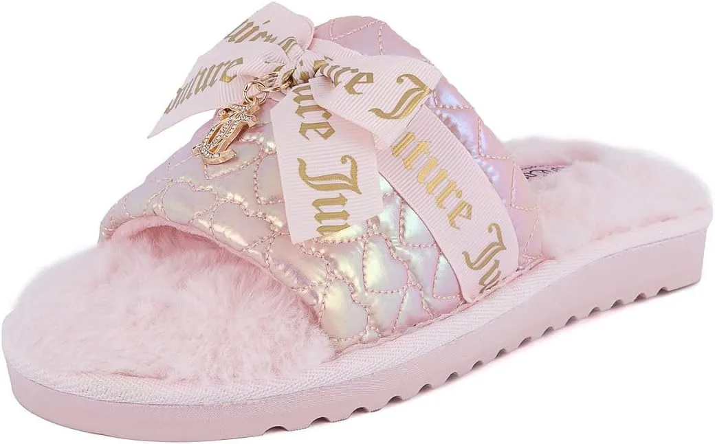 Juicy Couture Women's Faux Fur Slide Sandal Slippers, Open Toe, Comfortable Indoor Outdoor House Shoes