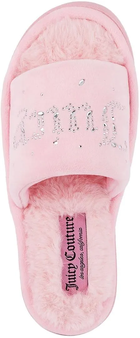 Juicy Couture Women's Faux Fur Slide Sandal Slippers, Open Toe, Comfortable Indoor Outdoor House Shoes