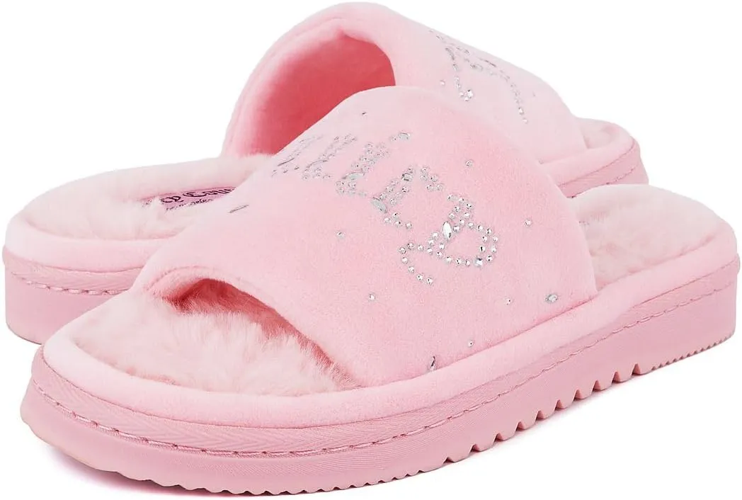 Juicy Couture Women's Faux Fur Slide Sandal Slippers, Open Toe, Comfortable Indoor Outdoor House Shoes