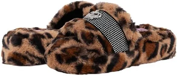 Juicy Couture Women's Faux Fur Slide Sandal Slippers, Open Toe, Comfortable Indoor Outdoor House Shoes