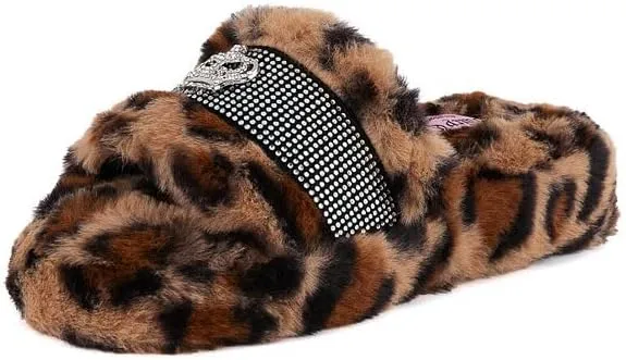 Juicy Couture Women's Faux Fur Slide Sandal Slippers, Open Toe, Comfortable Indoor Outdoor House Shoes