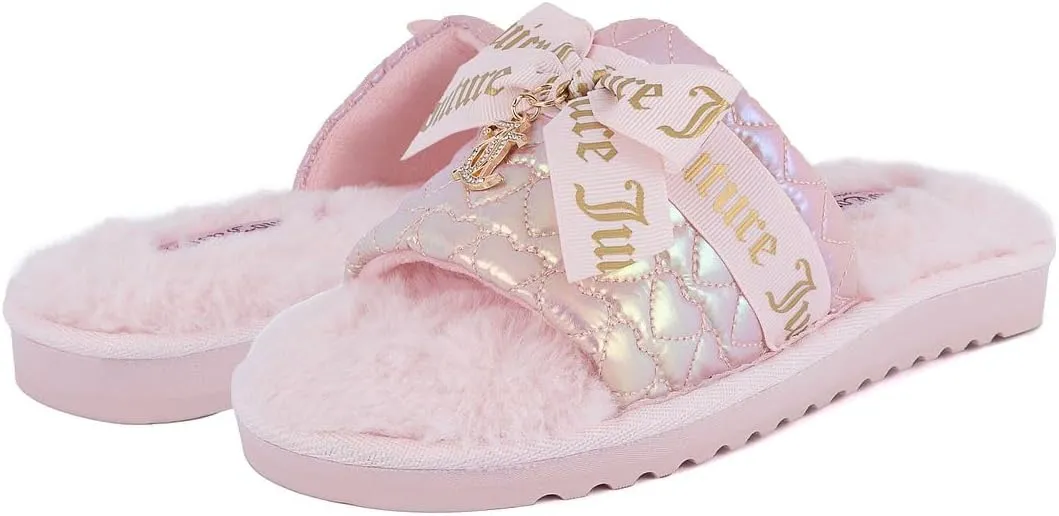Juicy Couture Women's Faux Fur Slide Sandal Slippers, Open Toe, Comfortable Indoor Outdoor House Shoes