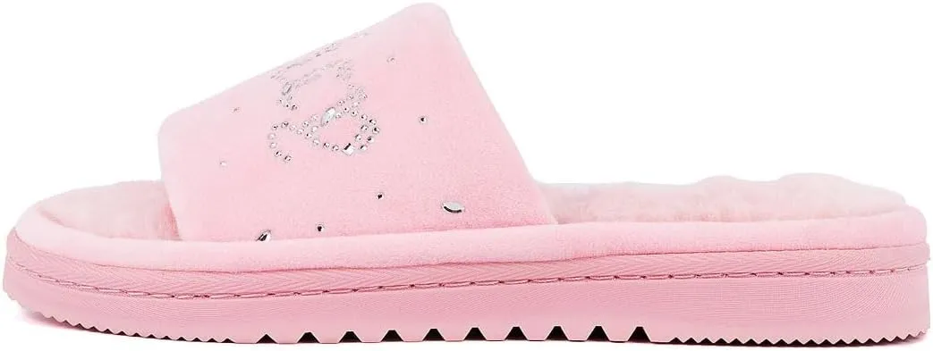 Juicy Couture Women's Faux Fur Slide Sandal Slippers, Open Toe, Comfortable Indoor Outdoor House Shoes