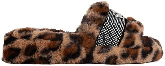 Juicy Couture Women's Faux Fur Slide Sandal Slippers, Open Toe, Comfortable Indoor Outdoor House Shoes