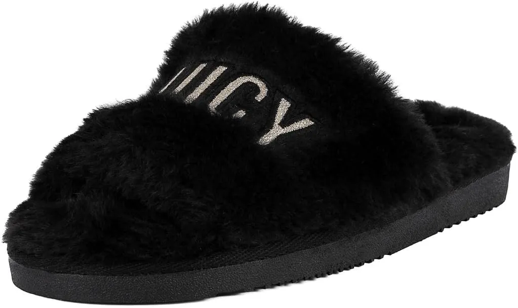 Juicy Couture Women's Faux Fur Slide Sandal Slippers, Open Toe, Comfortable Indoor Outdoor House Shoes