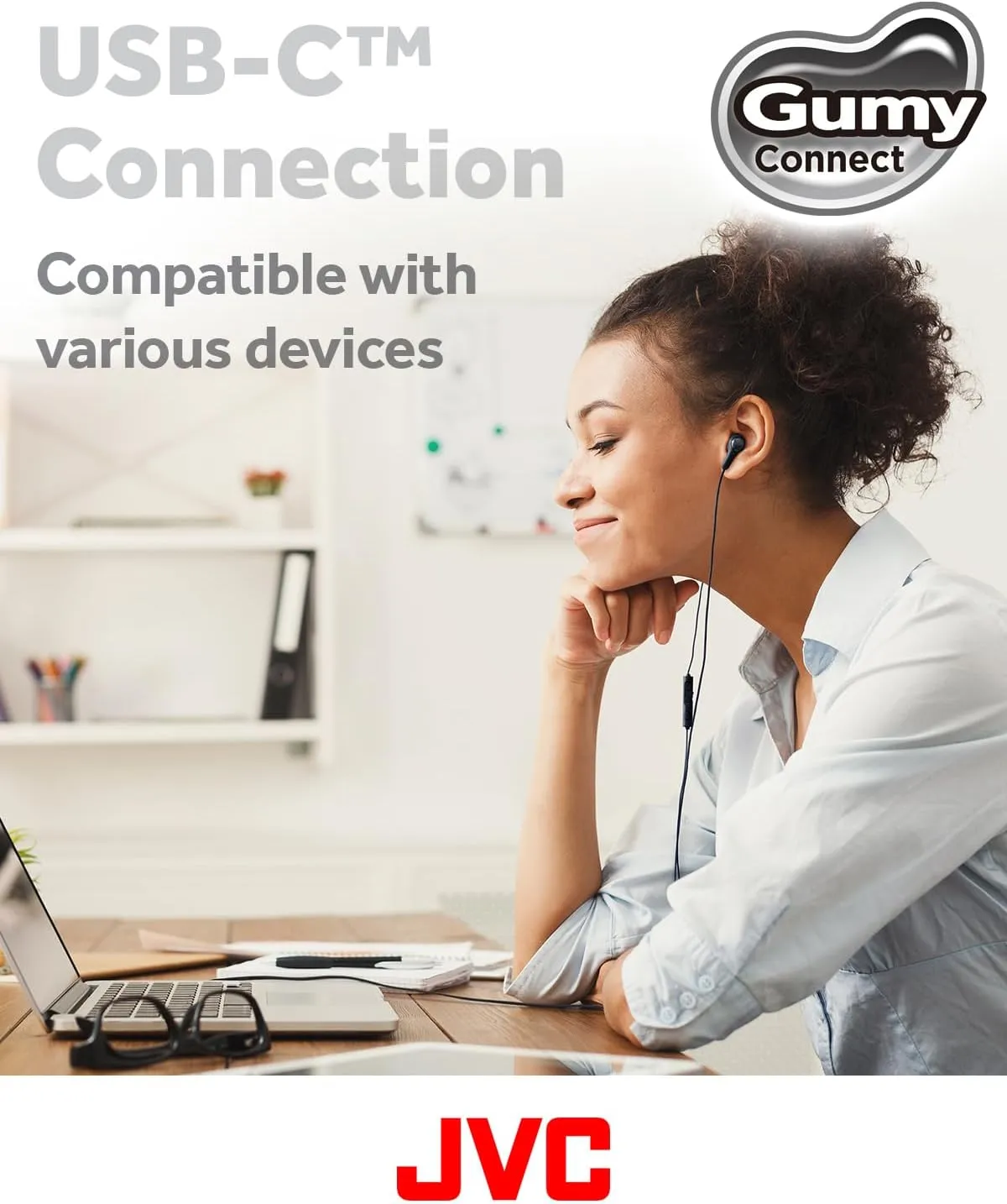 JVC Gumy Connect USB-C Wired Earbuds Headphones, Delay-Free for Videos and Gaming, Built-in DAC Reduces Noise and Improves Sound Quality, 9.2 mm Diameter Neodymium Drivers - HAFR9UCB (Black)