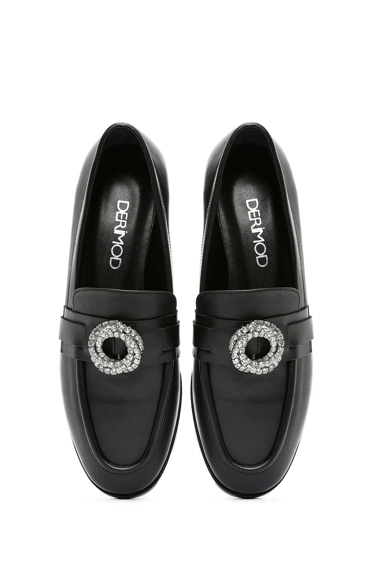 Kadın Siyah Tokalı Deri Maskülen Loafer