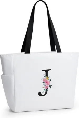 KALIDI Personalized Beach Tote Bag, Initial Alphabet Gift Zipper Grocery Bag for Mom Teacher Friend Wedding Daily Shopping