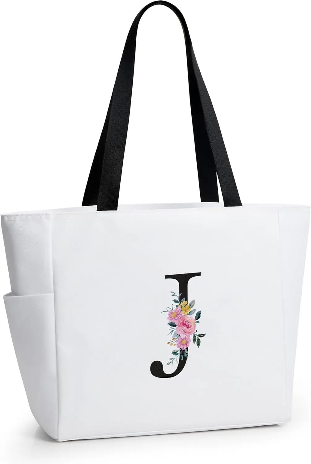 KALIDI Personalized Beach Tote Bag, Initial Alphabet Gift Zipper Grocery Bag for Mom Teacher Friend Wedding Daily Shopping