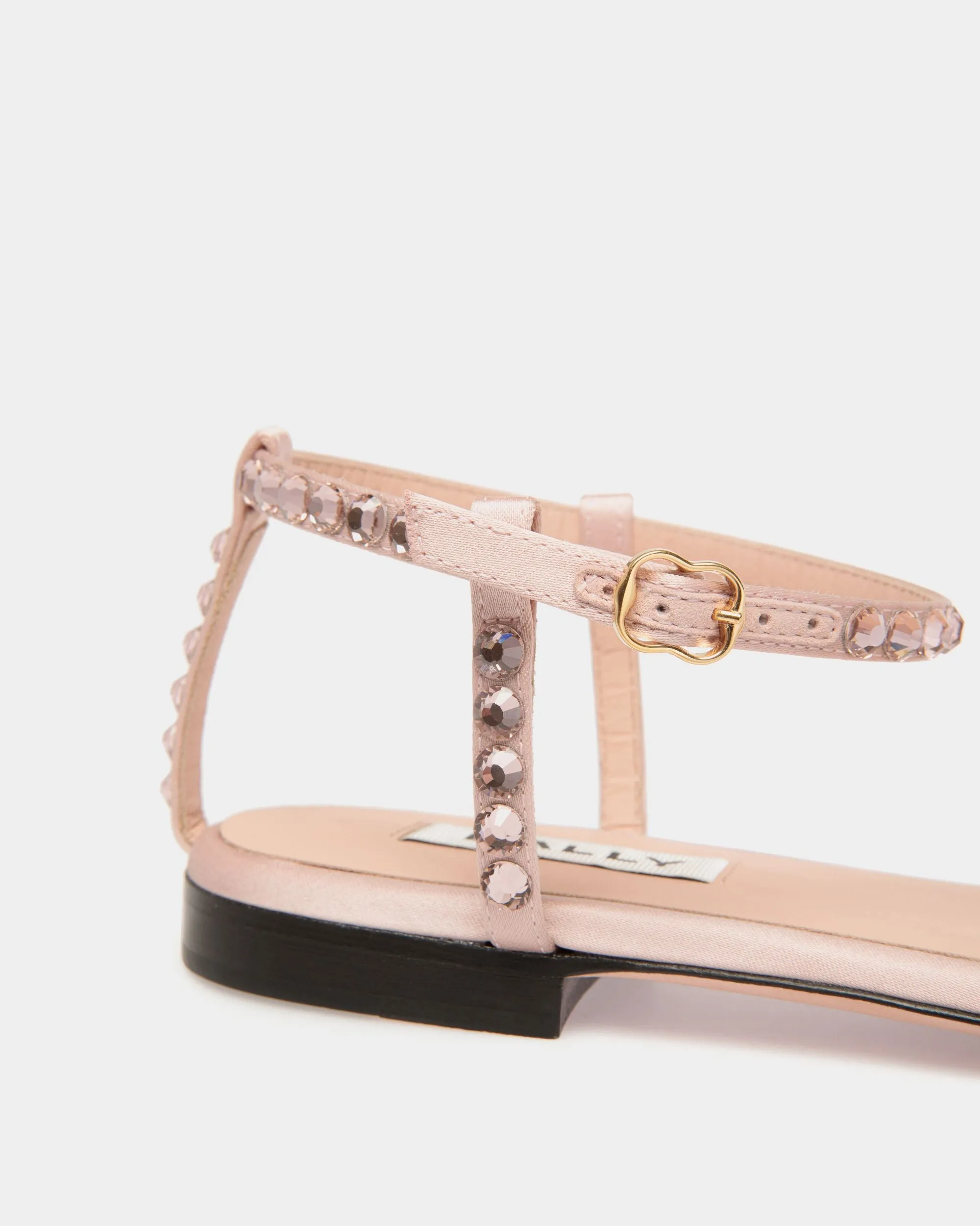 Katy Flat Sandal in Light Pink Fabric with Crystals