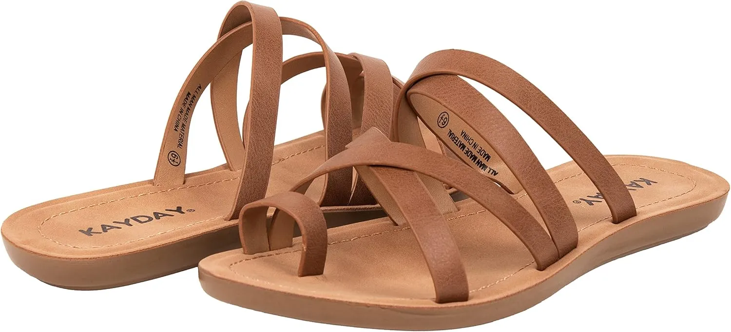 KAYDAY Womens Sandals Comfortable Slip On Flat Cross bands Toe Ring Fashion Flats HERO