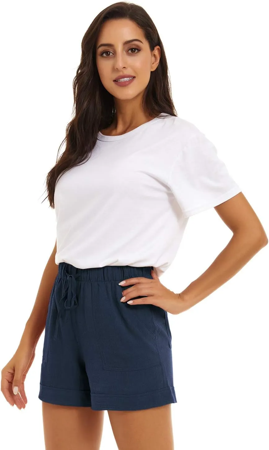 KINGFEN Women Casual Shorts Drawstring Comfy Elastic Waist Shorts Summer Pull On Short with Pockets(S-2XL)